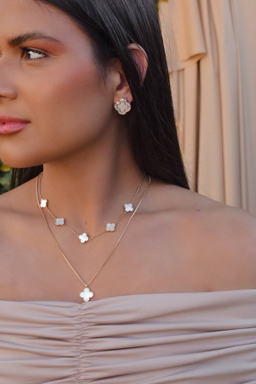 Pearl mother of pearl clover inspired earring with zirconia