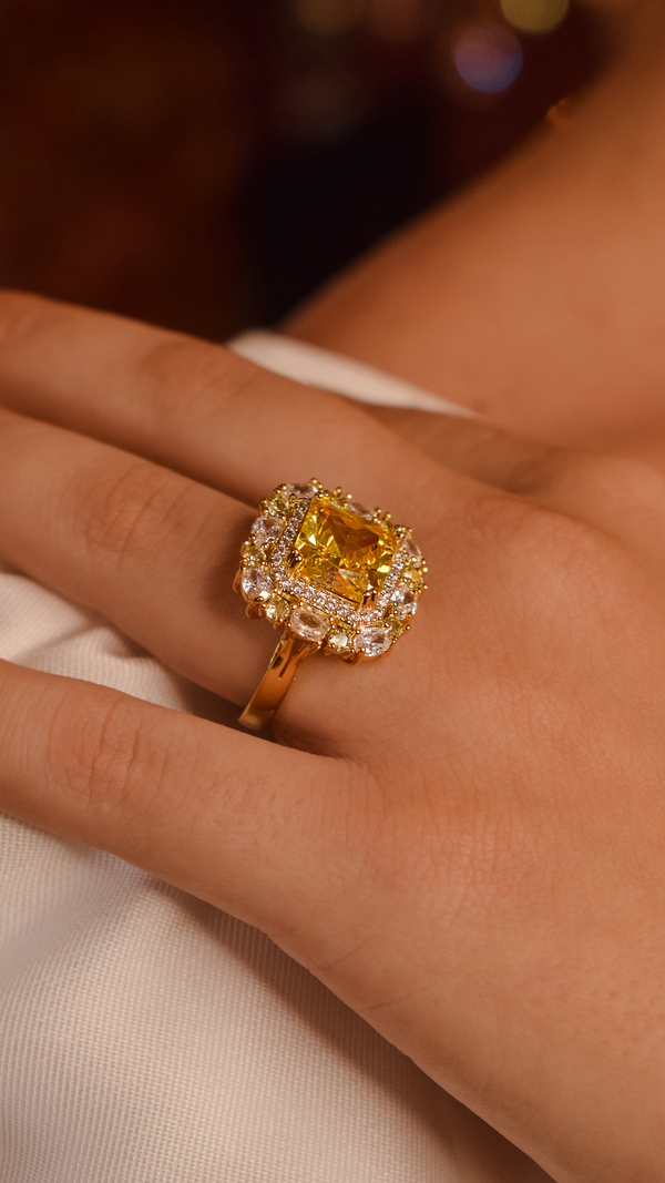 Yellow Square Solitaire Pave Ring