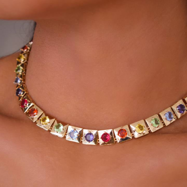 Square Link Necklace with Colorful Gemstones
