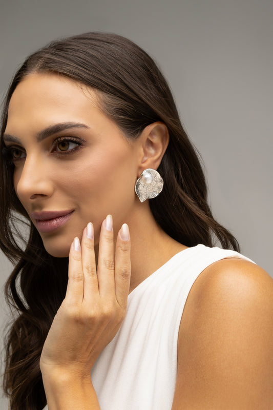 Botanical Pearl Leaf Earrings – White Gold Tone