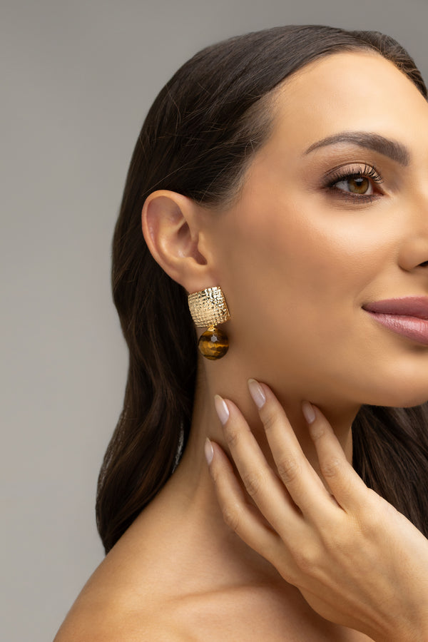 Tiger Eye Natural Stone Earrings – Square Base