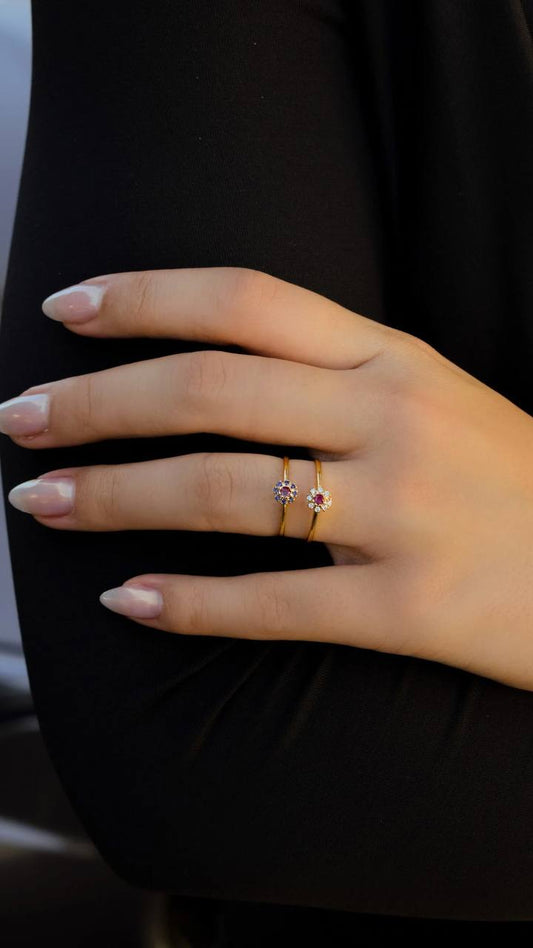 Slim Flower Ring with Blue and Pink Zirconia