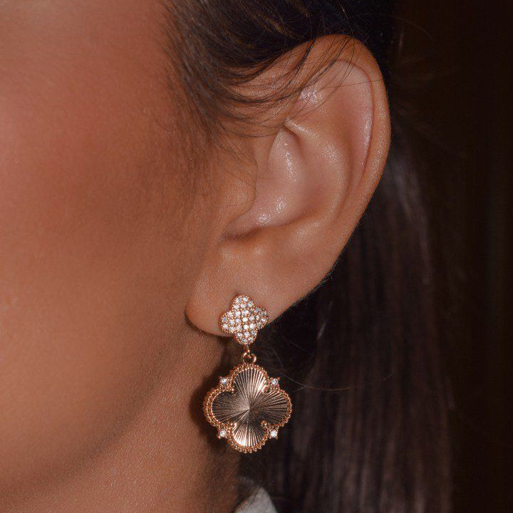Dangling Clover Earrings – Small Pave Clover & Larger Gold Clover Charm