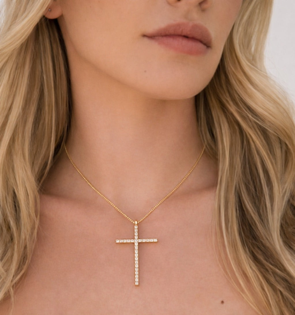 Radiant Zirconia Cross Necklace – 18k Gold Plated