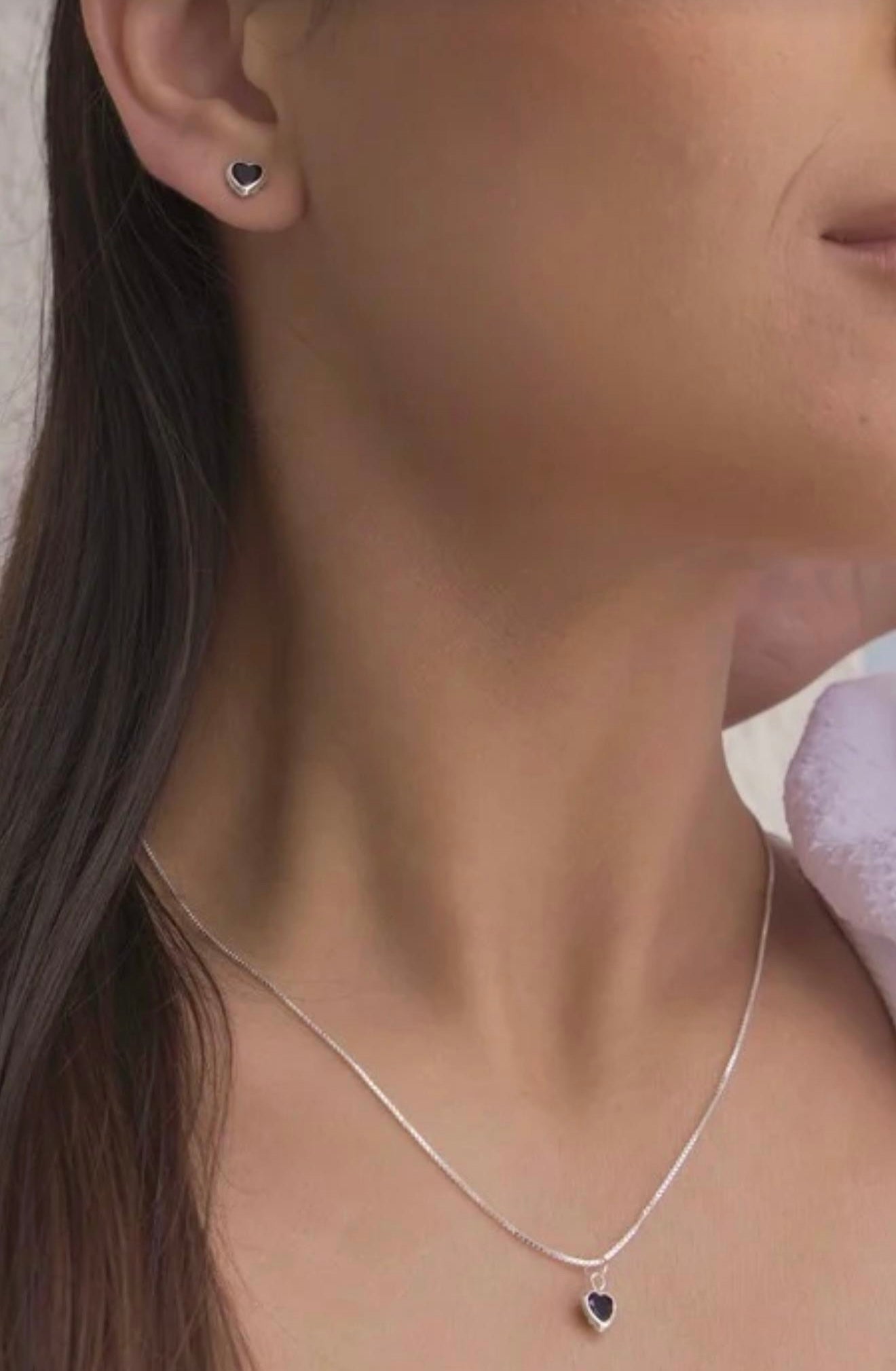 Silver Heart Necklace & Earrings Set with Black Stone