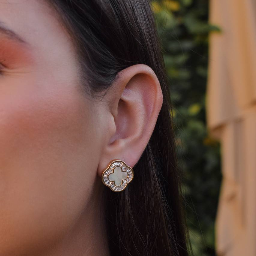 Pearl mother of pearl clover inspired earring with zirconia