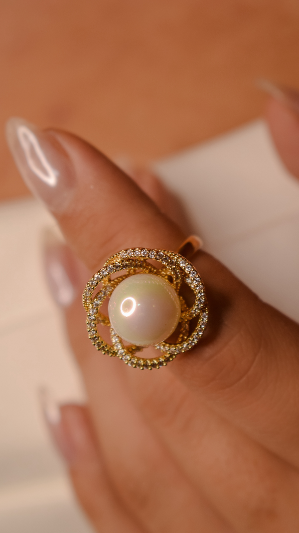 Pavé Flower Ring with White Half Solitaire