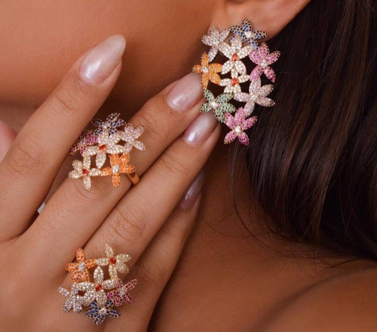 Colorful zirconia studded flower earring