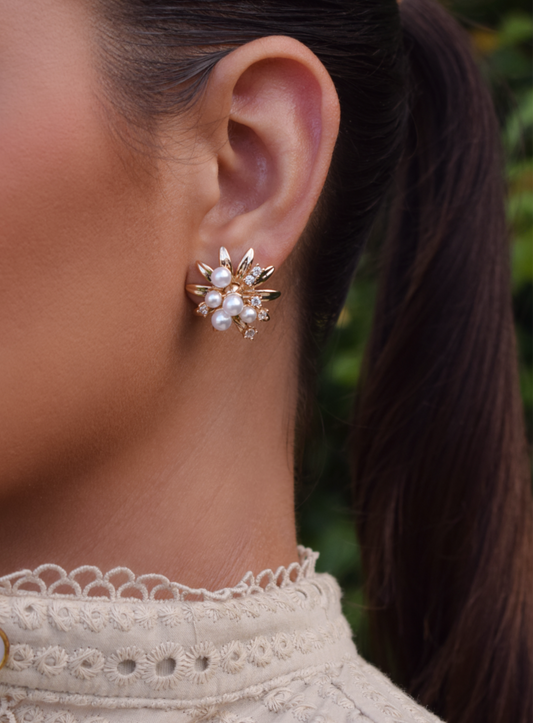 Flower earring mixed pearls and zirconia