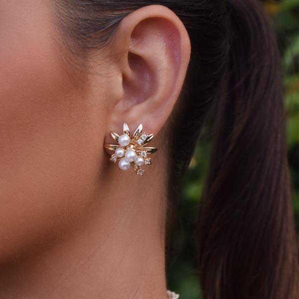 Flower earring mixed pearls and zirconia