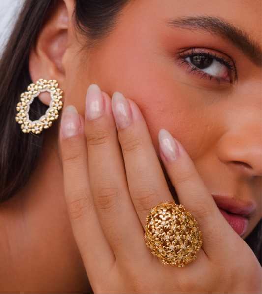 Oval ring full of flowers and zirconia