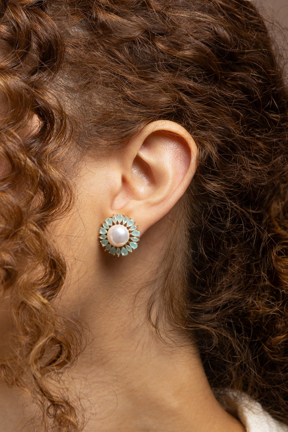 Shell Pearl & Crystal Button Studs – 18k Gold Plated