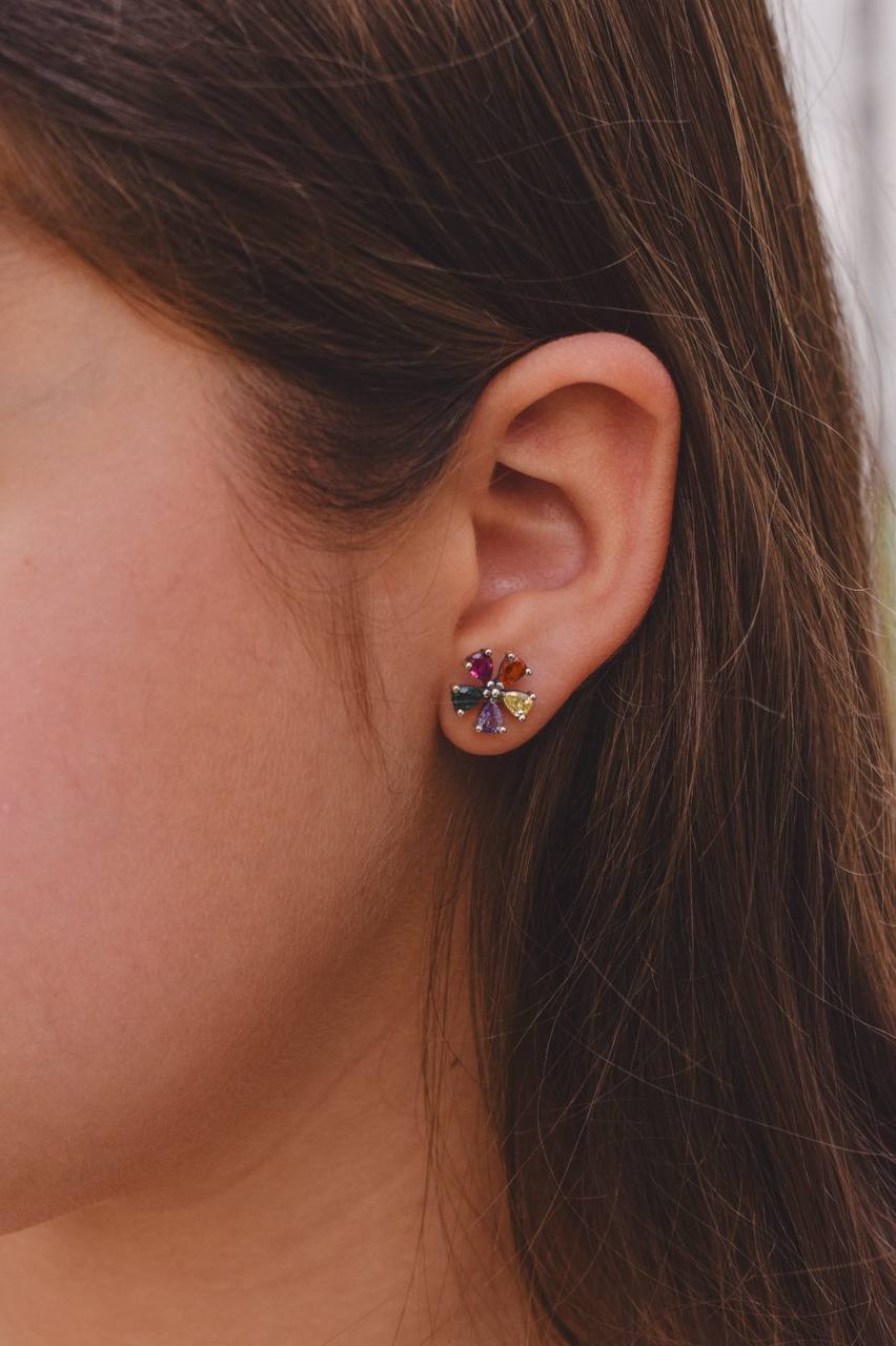 Kids’ Silver Flower Earrings with Colored Details