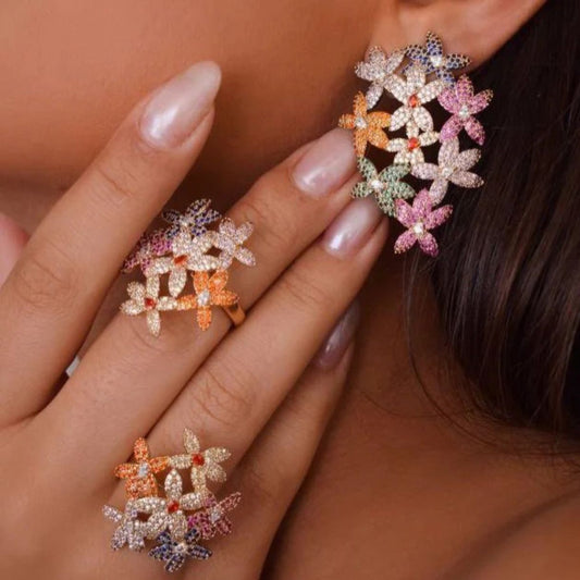 Colorful zirconia studded flower earring