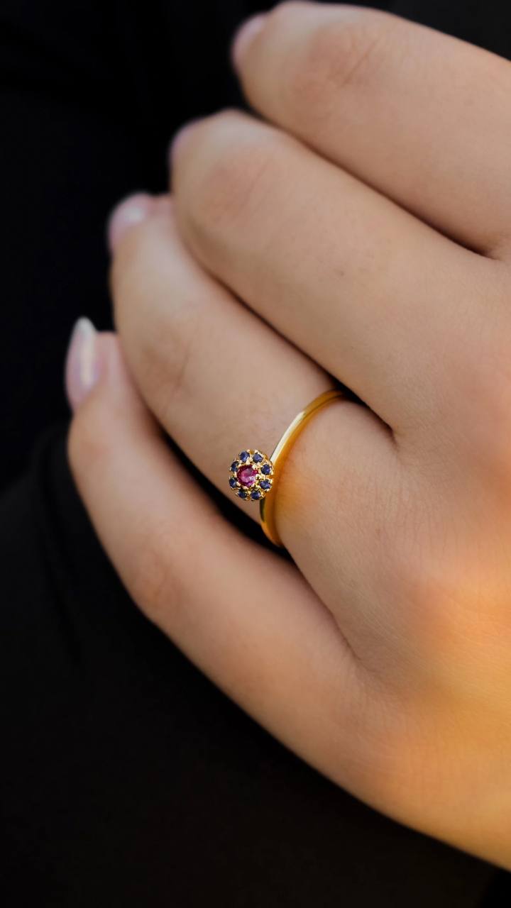 Slim Flower Ring with Blue and Pink Zirconia
