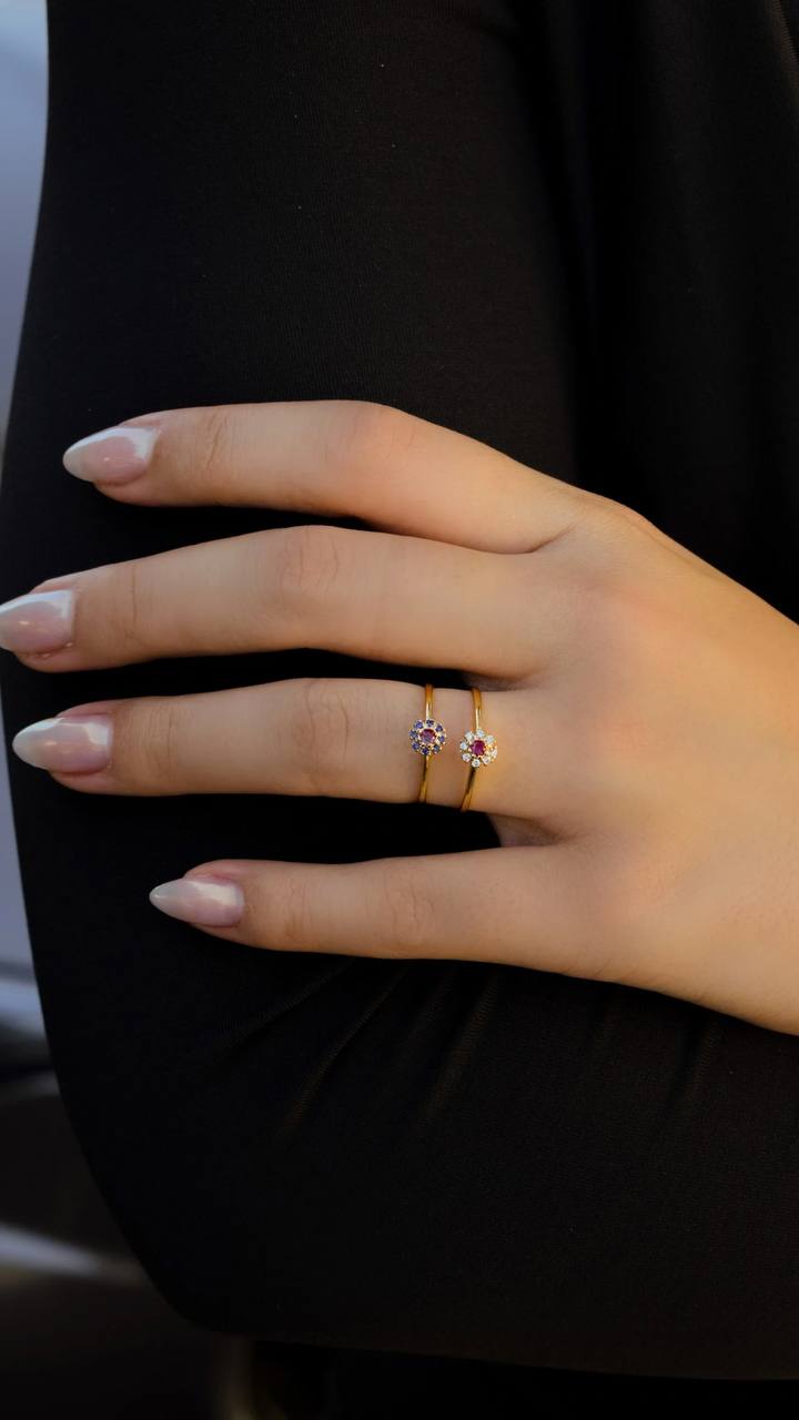 Slim Flower Ring with Blue and Pink Zirconia