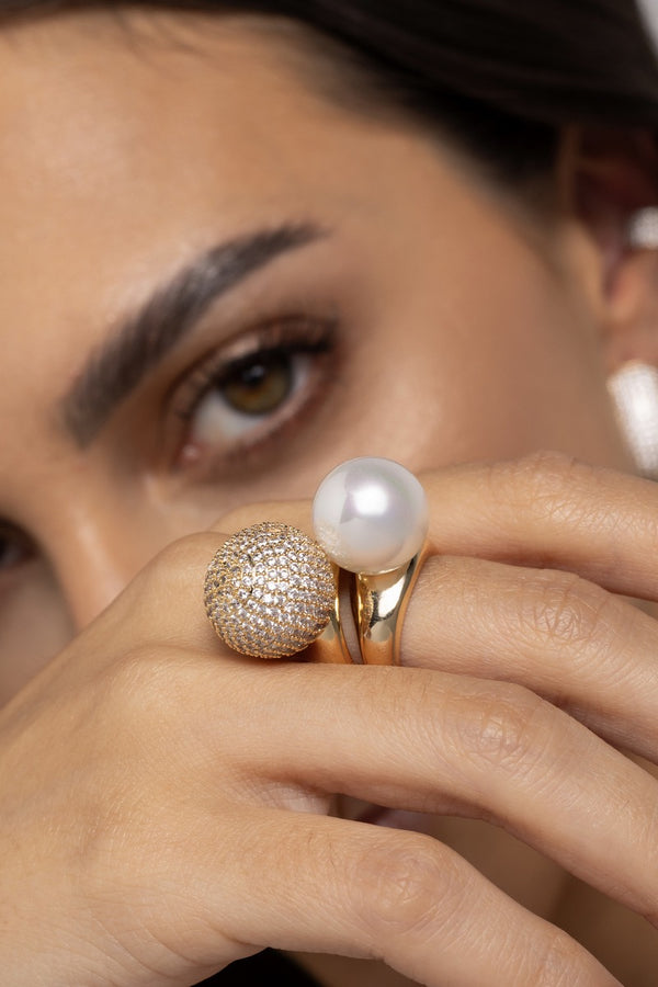 Double Ring with Pearl Ball and Zirconia
