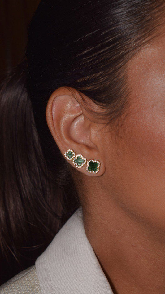 Green Clover Stud Earrings with Pave Crystal Border – Symbol of Luck and Elegance