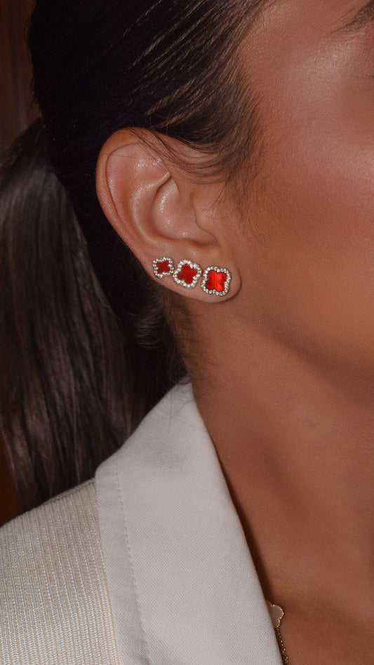 Red Stud Earrings with Pave Crystal Border – Bold Color, Elegant Sparkle