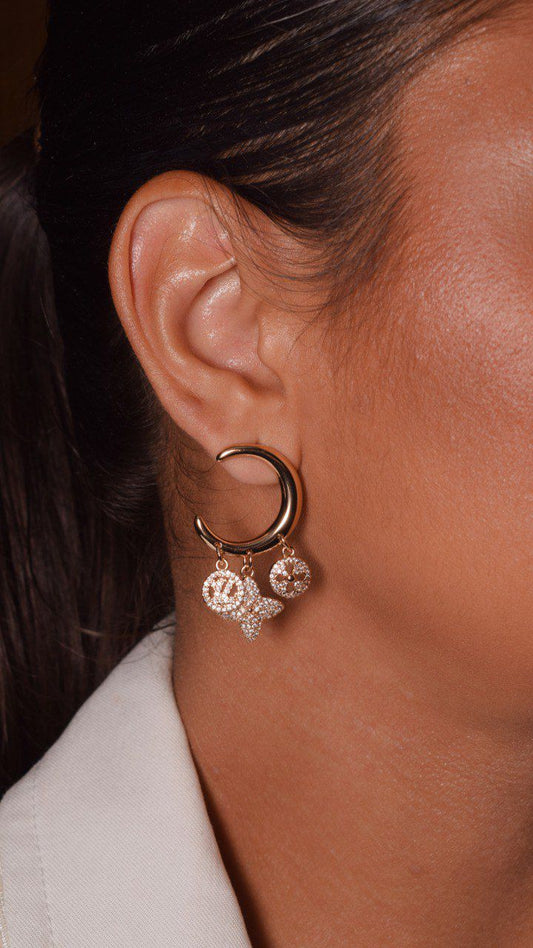 Sleek Open Hoop Earrings with Pave Letter Charms “LV”
